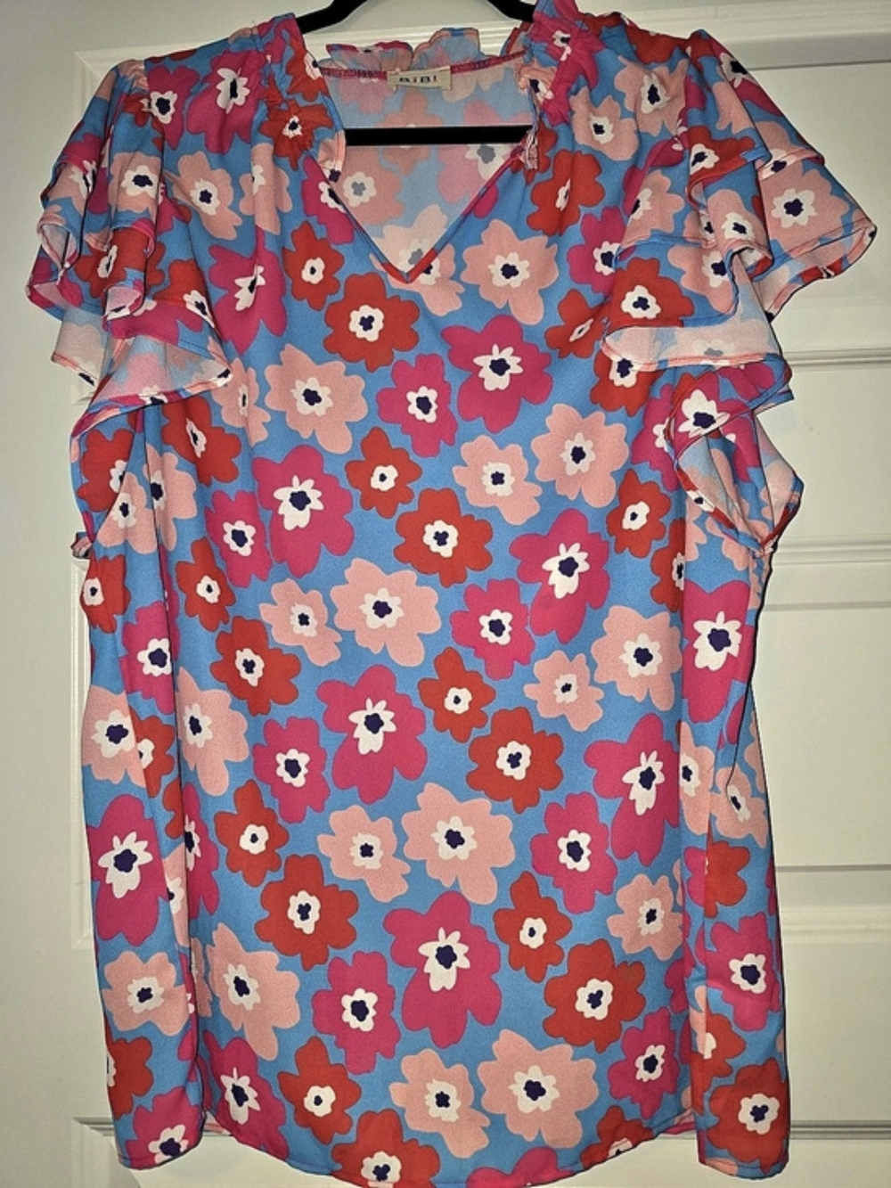 Bibi Gorgeous Floral Ruffle Blouse in Blue & Pink Size XL